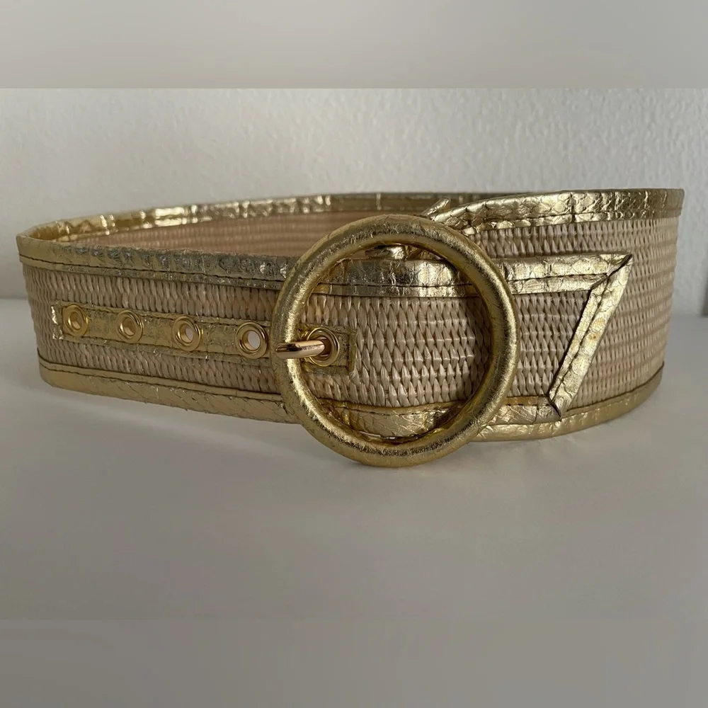 VTG: Genuine Snake Leather & Straw Wide Belt Metallic Gold/Natural Tan